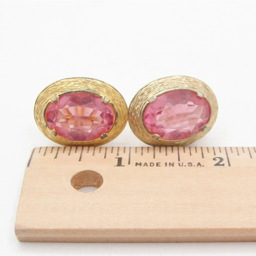 Vintage Swank Pink Glass Gold Tone Oval Cufflinks Mens Formal Wedding Groomsmen